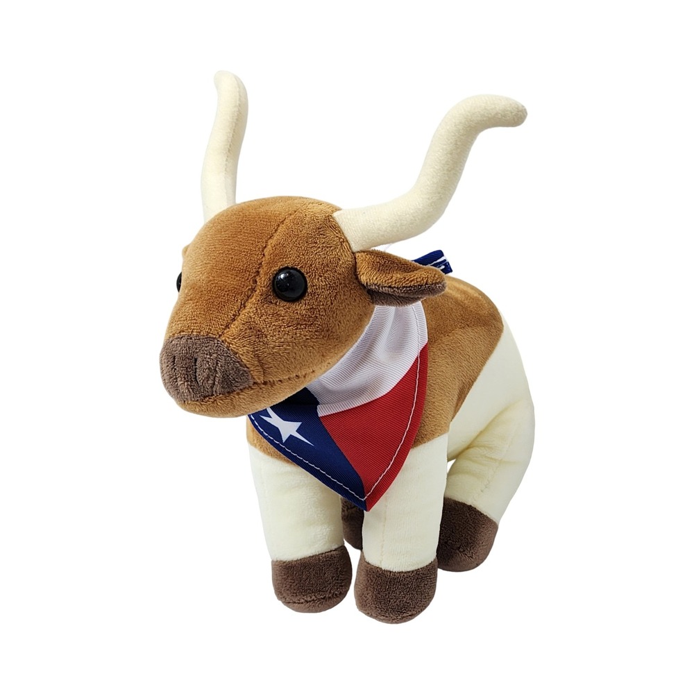 Dollibu Texas Longhorn Bull Plush Stuffed Animal with Texas Flag Bandana Brown